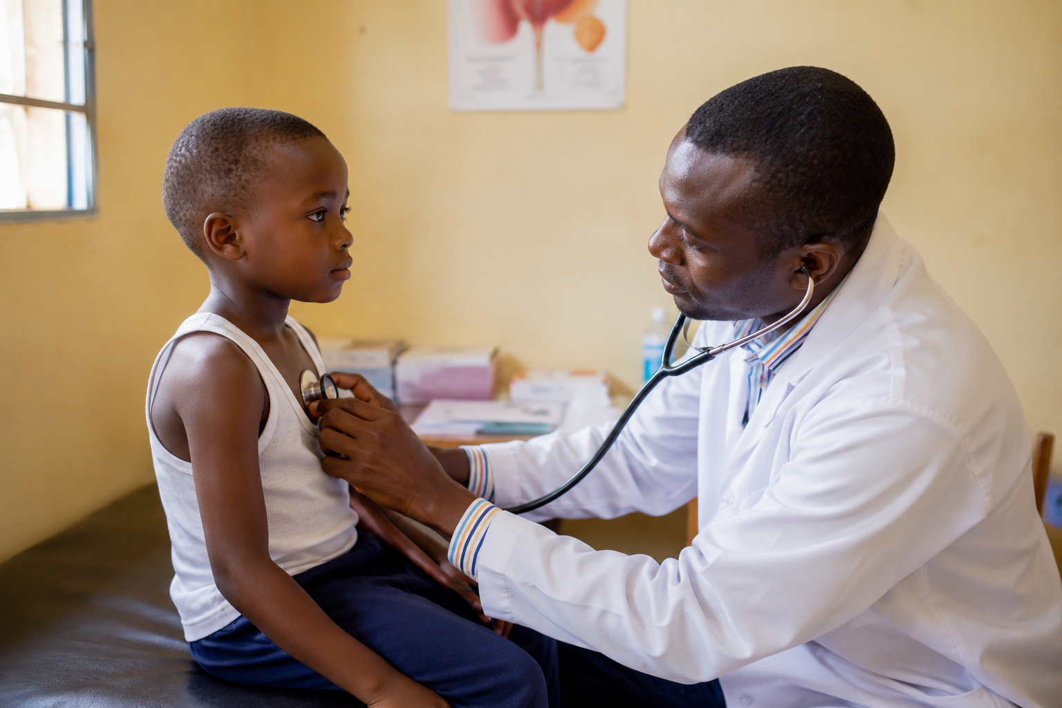 Un médecin écoute le cœur d'un enfant avec un stéthoscope